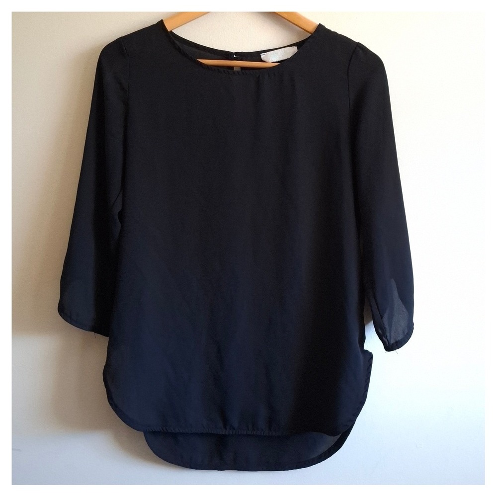 Black Sheer Fairy Goth Blouse Flowy 3/4 Sleeve Hi Low Hem Minimalist Office Sz M